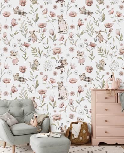 white and brown children's wallpaper called Merry Mice by Kikki Belle for children's bedrooms and a nursery