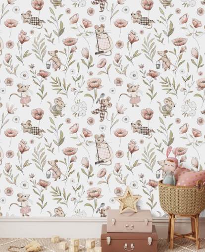 papier peint pour enfants blanc et marron appelé Merry Mice de Kikki Belle pour les chambres d'enfants et une crèche papier peint pour enfants blanc et marron appelé Merry Mice de Kikki Belle pour les chambres d'enfants et une crèche