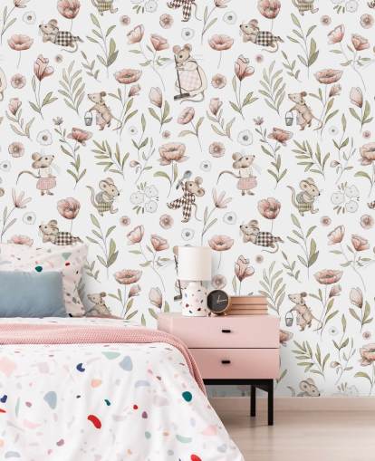 wit en bruin kinderbehang genaamd Merry Mice van Kikki Belle voor kinderkamers en een kinderkamer wit en bruin kinderbehang genaamd Merry Mice van Kikki Belle voor kinderkamers en een kinderkamer