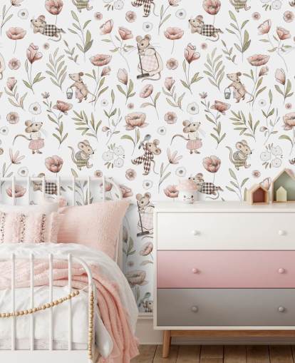 white and brown children's wallpaper called Merry Mice by Kikki Belle for children's bedrooms and a nursery