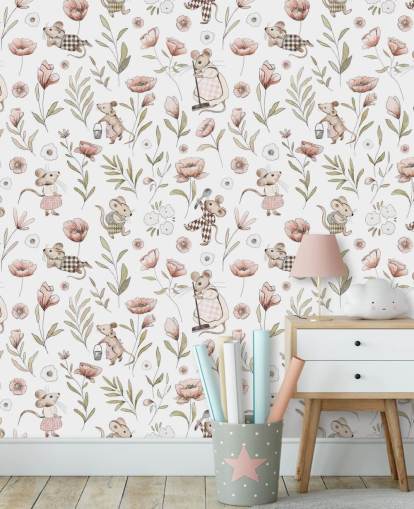 papier peint pour enfants blanc et marron appelé Merry Mice de Kikki Belle pour les chambres d'enfants et une crèche papier peint pour enfants blanc et marron appelé Merry Mice de Kikki Belle pour les chambres d'enfants et une crèche