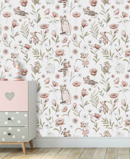 white and brown children's wallpaper called Merry Mice by Kikki Belle for children's bedrooms and a nursery