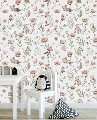 papier peint pour enfants blanc et marron appelé Merry Mice de Kikki Belle pour les chambres d'enfants et une crèche