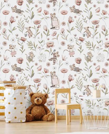 weiße und braune Kindertapete namens Merry Mice von Kikki Belle für Kinderzimmer und Kinderzimmer