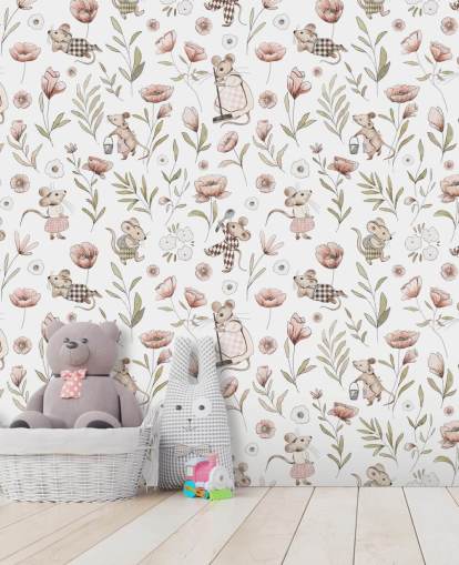 papier peint pour enfants blanc et marron appelé Merry Mice de Kikki Belle pour les chambres d'enfants et une crèche