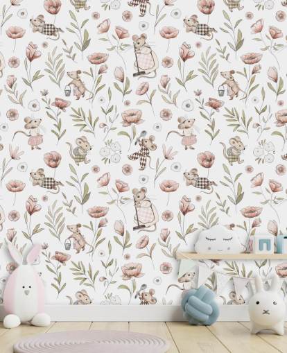 papier peint pour enfants blanc et marron appelé Merry Mice de Kikki Belle pour les chambres d'enfants et une crèche papier peint pour enfants blanc et marron appelé Merry Mice de Kikki Belle pour les chambres d'enfants et une crèche