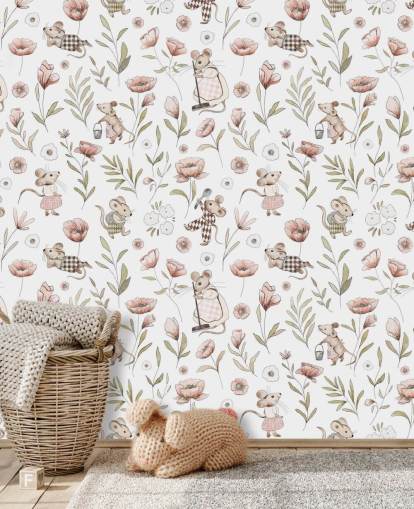 papel pintado infantil blanco y marrón llamado Merry Mice de Kikki Belle para dormitorios infantiles y una guardería papel pintado infantil blanco y marrón llamado Merry Mice de Kikki Belle para dormitorios infantiles y una guardería