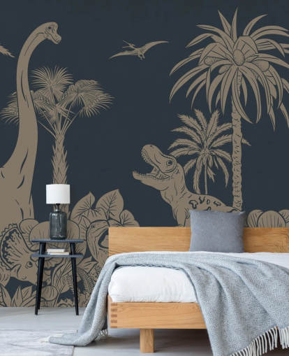 dark blue dino wallpaper mural called Monochrome Dino - Vintage Blue by Kikki Belle