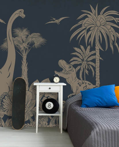 mørkeblå dino tapet veggmaleri kalt Monochrome Dino - Vintage Blue av Kikki Belle mørkeblå dino tapet veggmaleri kalt Monochrome Dino - Vintage Blue av Kikki Belle