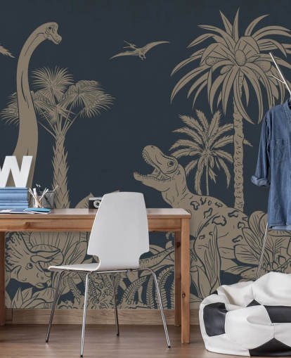 mural de papel de parede de dinossauro azul escuro chamado Monochrome Dino - Vintage Blue de Kikki Belle mural de papel de parede de dinossauro azul escuro chamado Monochrome Dino - Vintage Blue de Kikki Belle