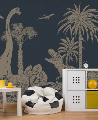 mörkblå dino tapet väggmålning som heter Monochrome Dino - Vintage Blue av Kikki Belle mörkblå dino tapet väggmålning som heter Monochrome Dino - Vintage Blue av Kikki Belle