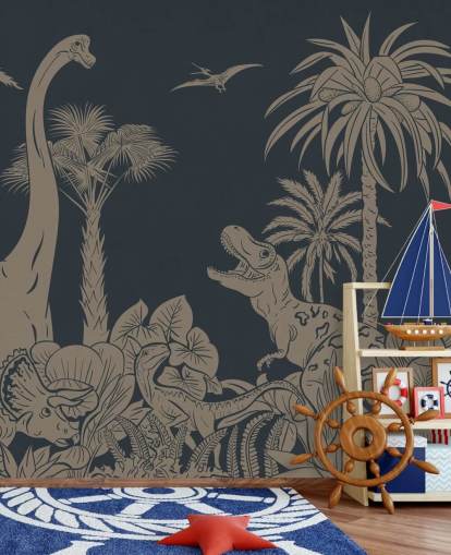 carta da parati murale con dinosauri blu scuro chiamato Monochrome Dino - Vintage Blue di Kikki Belle carta da parati murale con dinosauri blu scuro chiamato Monochrome Dino - Vintage Blue di Kikki Belle