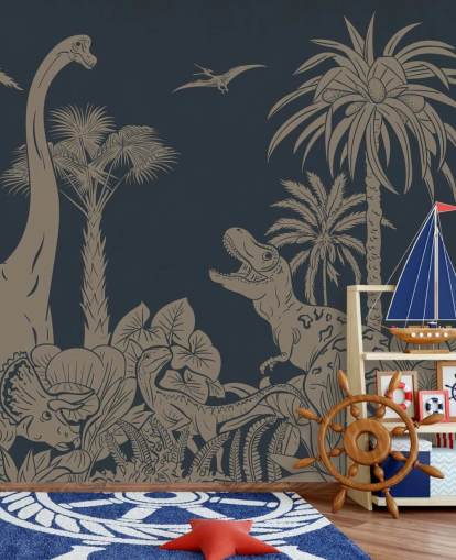 mörkblå dino tapet väggmålning som heter Monochrome Dino - Vintage Blue av Kikki Belle mörkblå dino tapet väggmålning som heter Monochrome Dino - Vintage Blue av Kikki Belle