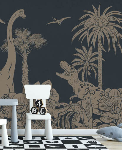 papier peint mural en forme de dinosaure bleu foncé appelé Monochrome Dino - Vintage Blue par Kikki Belle