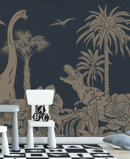 mørkeblå dino tapet veggmaleri kalt Monochrome Dino - Vintage Blue av Kikki Belle