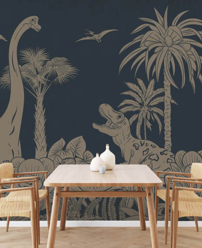 mörkblå dino tapet väggmålning som heter Monochrome Dino - Vintage Blue av Kikki Belle