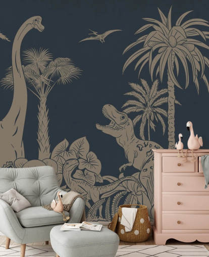 mørkeblå dino tapet veggmaleri kalt Monochrome Dino - Vintage Blue av Kikki Belle