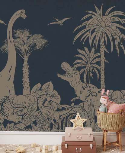 papier peint mural en forme de dinosaure bleu foncé appelé Monochrome Dino - Vintage Blue par Kikki Belle