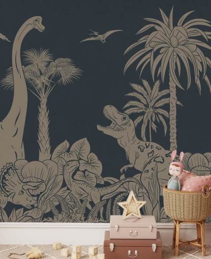mörkblå dino tapet väggmålning som heter Monochrome Dino - Vintage Blue av Kikki Belle