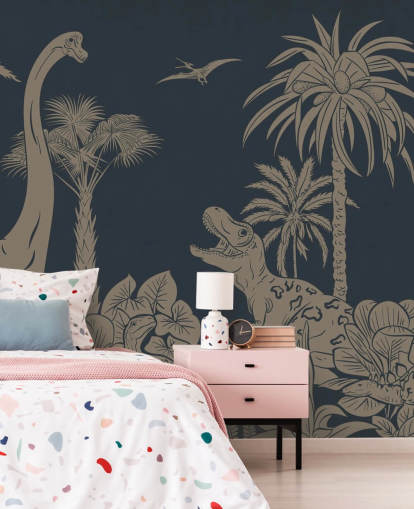 mørkeblå dino tapetmaleri kaldet Monochrome Dino - Vintage Blue af Kikki Belle