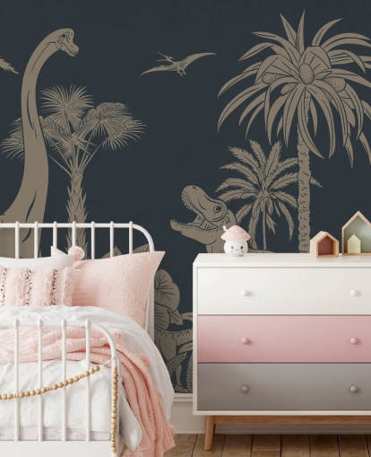 donkerblauwe dino behangmuurschildering genaamd Monochrome Dino - Vintage Blue van Kikki Belle