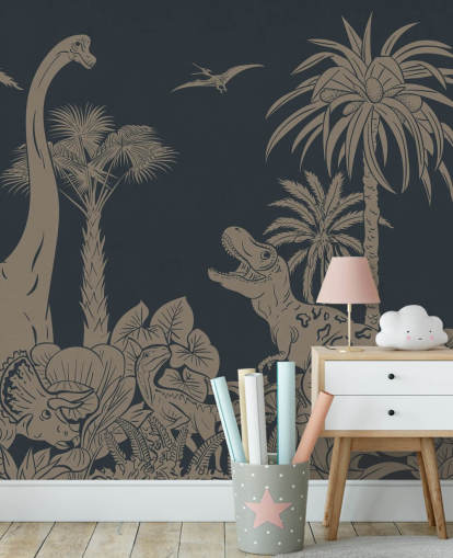 mörkblå dino tapet väggmålning som heter Monochrome Dino - Vintage Blue av Kikki Belle mörkblå dino tapet väggmålning som heter Monochrome Dino - Vintage Blue av Kikki Belle