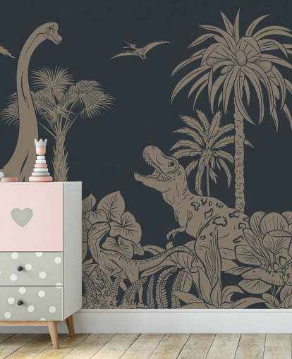 mørkeblå dino tapet veggmaleri kalt Monochrome Dino - Vintage Blue av Kikki Belle mørkeblå dino tapet veggmaleri kalt Monochrome Dino - Vintage Blue av Kikki Belle