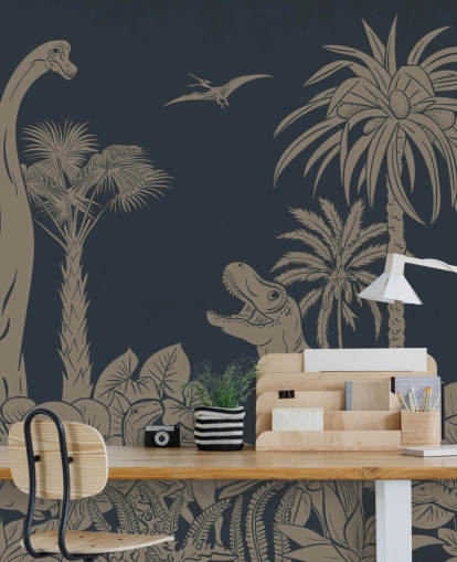 dark blue dino wallpaper mural called Monochrome Dino - Vintage Blue by Kikki Belle
