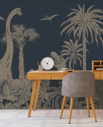 dark blue dino wallpaper mural called Monochrome Dino - Vintage Blue by Kikki Belle