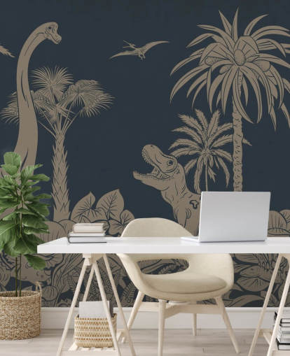 dark blue dino wallpaper mural called Monochrome Dino - Vintage Blue by Kikki Belle