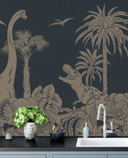 dark blue dino wallpaper mural called Monochrome Dino - Vintage Blue by Kikki Belle