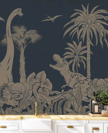 dark blue dino wallpaper mural called Monochrome Dino - Vintage Blue by Kikki Belle