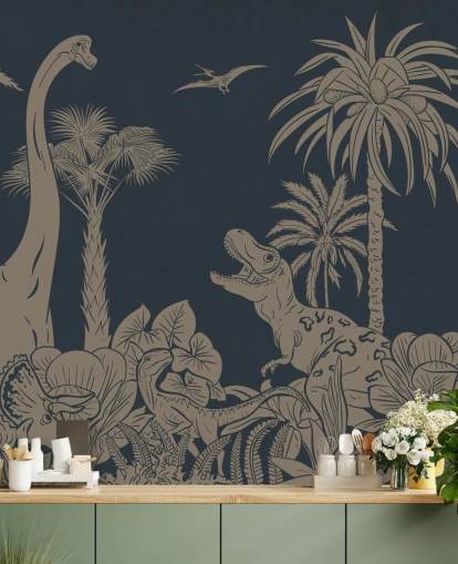 mørkeblå dino tapet veggmaleri kalt Monochrome Dino - Vintage Blue av Kikki Belle