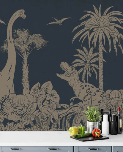 donkerblauwe dino behangmuurschildering genaamd Monochrome Dino - Vintage Blue van Kikki Belle