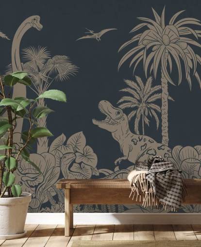 mörkblå dino tapet väggmålning som heter Monochrome Dino - Vintage Blue av Kikki Belle