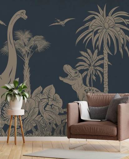 dark blue dino wallpaper mural called Monochrome Dino - Vintage Blue by Kikki Belle