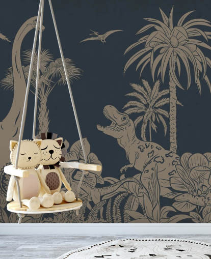 mørkeblå dino tapet veggmaleri kalt Monochrome Dino - Vintage Blue av Kikki Belle