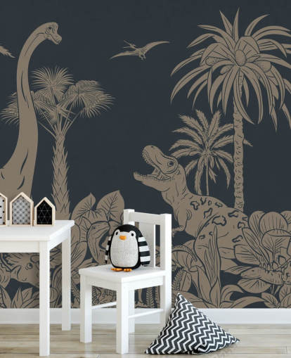 carta da parati murale con dinosauri blu scuro chiamato Monochrome Dino - Vintage Blue di Kikki Belle carta da parati murale con dinosauri blu scuro chiamato Monochrome Dino - Vintage Blue di Kikki Belle