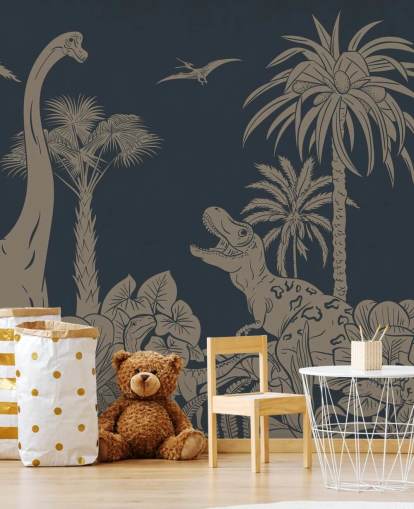 dark blue dino wallpaper mural called Monochrome Dino - Vintage Blue by Kikki Belle