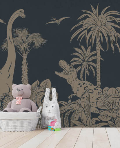 papier peint mural en forme de dinosaure bleu foncé appelé Monochrome Dino - Vintage Blue par Kikki Belle papier peint mural en forme de dinosaure bleu foncé appelé Monochrome Dino - Vintage Blue par Kikki Belle