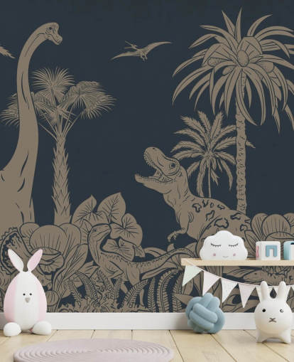 mural de papel pintado de dinosaurios azul oscuro llamado Monochrome Dino - Vintage Blue de Kikki Belle mural de papel pintado de dinosaurios azul oscuro llamado Monochrome Dino - Vintage Blue de Kikki Belle