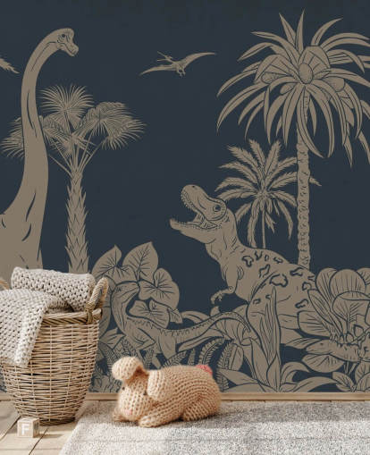 mörkblå dino tapet väggmålning som heter Monochrome Dino - Vintage Blue av Kikki Belle