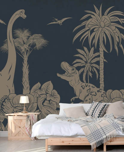 mural de papel pintado de dinosaurios azul oscuro llamado Monochrome Dino - Vintage Blue de Kikki Belle mural de papel pintado de dinosaurios azul oscuro llamado Monochrome Dino - Vintage Blue de Kikki Belle