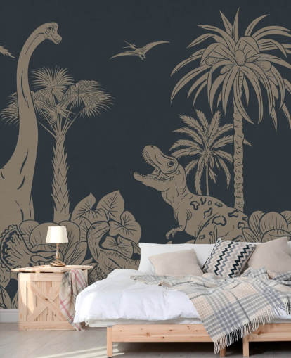 mørkeblå dino tapet veggmaleri kalt Monochrome Dino - Vintage Blue av Kikki Belle mørkeblå dino tapet veggmaleri kalt Monochrome Dino - Vintage Blue av Kikki Belle