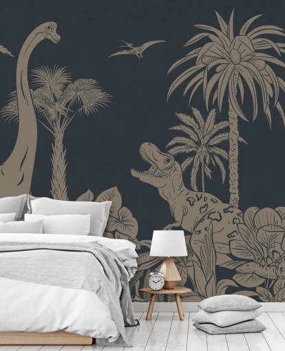 dark blue dino wallpaper mural called Monochrome Dino - Vintage Blue by Kikki Belle