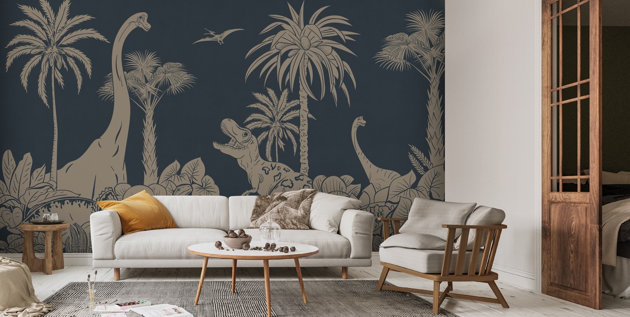 Monochrome Dino - Vintage Blue Wallpaper Mural | Wallsauce US