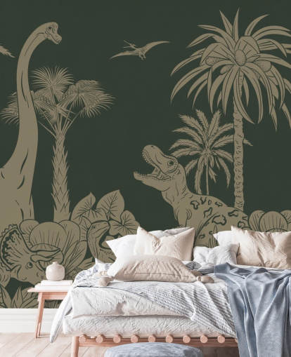 Grünes Dinosaurier-Tapetenbild für Kinder namens Monochrome Dino - Vintage Green von Kikki Belle für Schlafzimmer Grünes Dinosaurier-Tapetenbild für Kinder namens Monochrome Dino - Vintage Green von Kikki Belle für Schlafzimmer