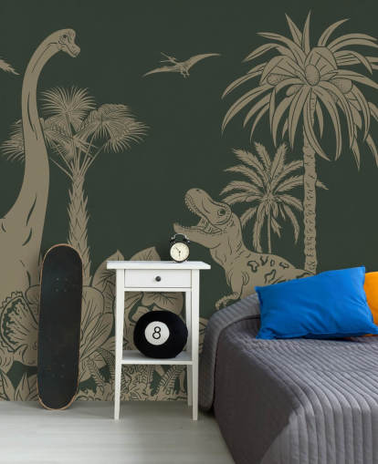 mural de papel pintado de dinosaurios verdes para niños llamado Monochrome Dino - Vintage Green de Kikki Belle para dormitorios