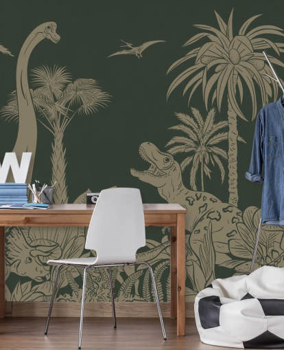 vihreiden lasten dinosaurusten taustakuvamaalaus nimeltä Monochrome Dino - Vintage Green, kirjoittanut Kikki Belle makuuhuoneisiin