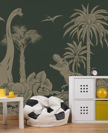 vihreiden lasten dinosaurusten taustakuvamaalaus nimeltä Monochrome Dino - Vintage Green, kirjoittanut Kikki Belle makuuhuoneisiin vihreiden lasten dinosaurusten taustakuvamaalaus nimeltä Monochrome Dino - Vintage Green, kirjoittanut Kikki Belle makuuhuoneisiin